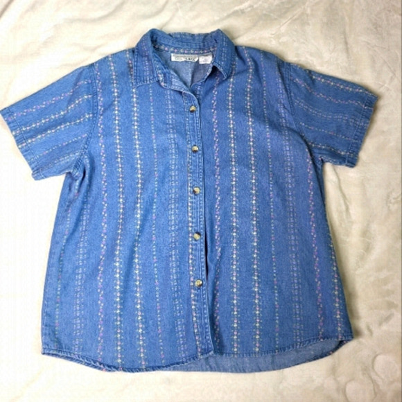 Casey & Max Cotton Denim Floral Button Up Shirt. Short Sleeve Size Large. - Picture 1 of 6